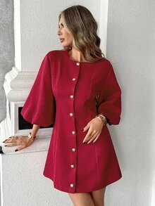 Pariaura Desain Fashion Baru, Gaun Pendek Kasual Elegan Serbaguna dengan Leher Bulat Warna Burgundy - Burgundy - View 4