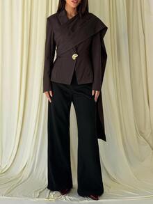 Aloruh Women's Elegant Business Commute Coffee Color Blazer With Shawl Decoration Solid Color Long Sleeve Jacket Autumn/Winter - Coffee Brown - View 7