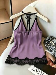 SHEIN EZwear 女款蕾絲拼接撞色休閒日常掛脖背心 - 紫色 - 查看 2