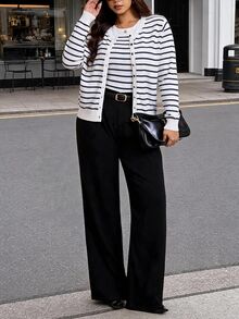 Elaquor Plus Size Women's Striped Top And Long Sleeve Cardigan Knit Set - Navy Blue - View 7