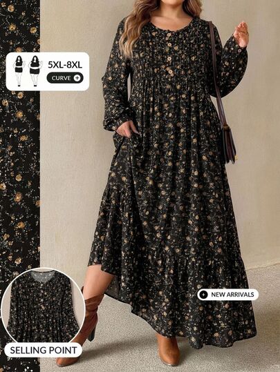 SHEIN CURVE+ فستان نسائي مقاس كبير برقبة دائرية وأكمام طويلة وتصميم أزرار بأسلوب ريفي كاجوال، بنقشة زهور صغيرة باللونين الأسود والأصفر، مناسب للخريف/الشتاء، 5XL-8XL