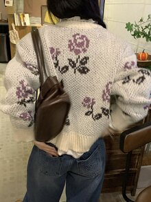 DAZY Women's Floral Decor Loose Knit Cardigan - Beige - View 6