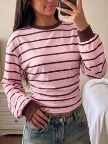 SHEIN 青少年女孩秋冬款簡約條紋印花套頭上衣百搭上衣 - 彩色 - 查看 1