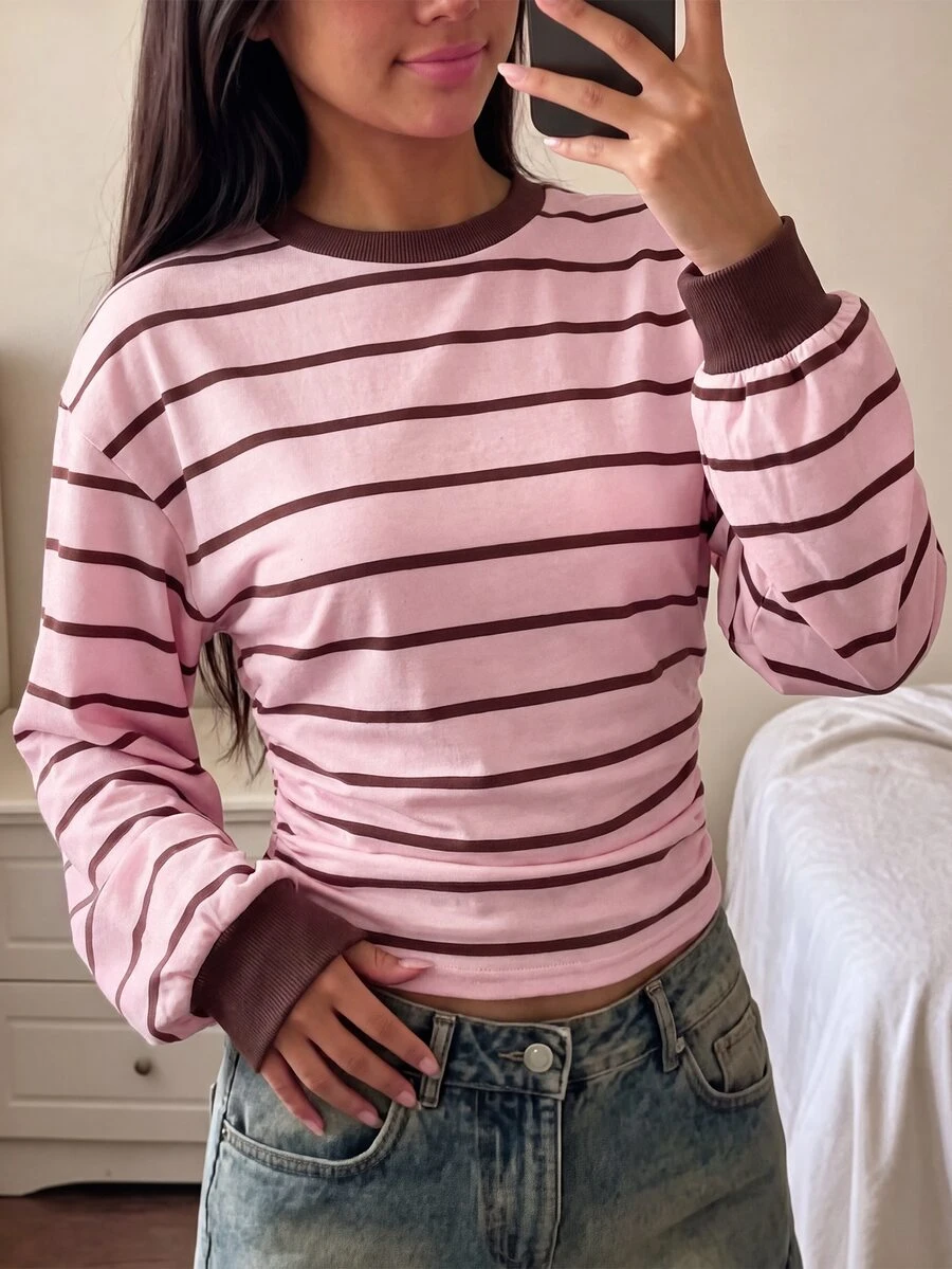 SHEIN 青少年女孩秋冬款簡約條紋印花套頭上衣百搭上衣 - 彩色 - 查看 1