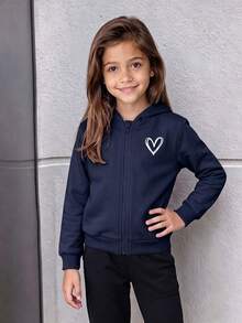 Elladie kids 女童休閒愛心衛衣外套，Y2K風格，返校季，秋冬休閒，女童休閒，校園風，長袖上衣，衛衣外套 - 藏蓝色 - 查看 4