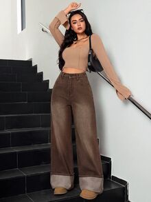 SHEIN Tall 冬季女款休閒水洗復古時尚翻邊設計寬腿牛仔褲 - 棕色 - 查看 6