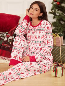Doze Lane Casual pyjamassett för kvinnor med julhjort- och snöflingemönster, färgblock, lång ärm och rund hals - Rött och Vitt - Visa 1