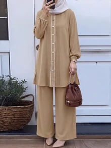 Lacomfia Plus Size Women's Minimalist Button Pleated Shirt And Loose Long Pants Set - Apricot - View 5