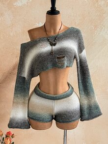 Soleia Women's Gradient Color Asymmetrical Shoulder Long Sleeve Distressed Cropped Sweater And Knit Shorts 2 Pieces Set - Multicolor - View 4