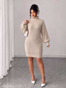 Linhara CURVE Plus Size Women's Autumn/Winter Fashion Casual High Neck Lantern Sleeve Loose Fit Slimming Knit Dress, Suitable For Daily Commute, Party And Other Occasions - Khaki - View 6