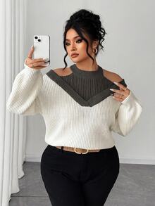 SHEIN Elenzya 女款假兩件式露肩拼色時尚套頭毛衣 - 灰色 - 查看 6