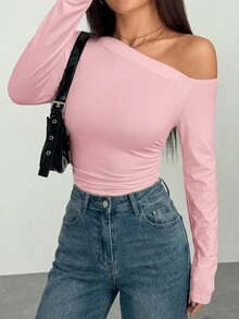 SHEIN Unity 黑色不對稱單肩抓皺腰身修身長袖時尚極簡休閒風女款秋季連身衣 - 粉色 - 查看 3