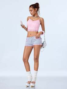 Y2Kool Women's Pink Sweet Butterfly Embroidered Rhinestone Princess Girl Style Camisole, Suitable For Daily Commute, Coffee Dates, Casual Shopping And Other Occasions - Pink - View 6