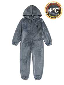SHEIN Tween Boy Autumn/Winter Minimalist Letter Embroidered Pattern Long Sleeve Hooded Zip-Up Soft Skin-Friendly Flannel Loungewear Jumpsuit - Grey - View 3