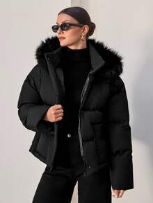 SHEIN Women Fake Fur Hooded Winter Coat - Black - View 3
