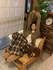 DAZY Women's Plaid Loose Casual Korean Style Long Pants - Coffee Brown - View 10