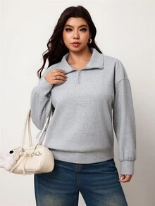 Enliva Plus-Size Women's Loose-Fitting Half-Zip Vent Pullover SweatshirApple,Rounded Body - Grey - View 6