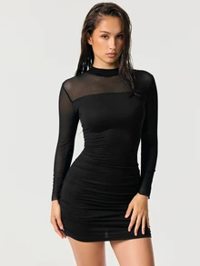 SHAPORA Comfortable Smooth Minimalist Casual Mesh Slim Fit Women's Nightgown - Black - View 4