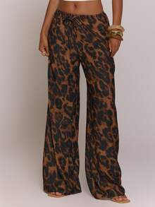 MUSERA Leopard Print Low Waist Drawstring Flowy Trouser Pants Summer Day Outfit Beach Holiday Women - Chocolate Brown - View 2