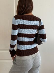 DAZY Women's Brown & Blue Thick Striped V-Neck Cable Knit Slim Fit Long Sleeve Casual Versatile Sweater - Blue - View 2
