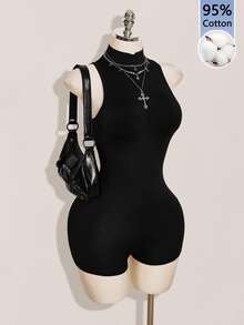 SHEIN ICON Women's Stand Collar Back Patchwork Chinese Dragon Mesh Sleeveless Fitted Romper Unitard - Black - View 4