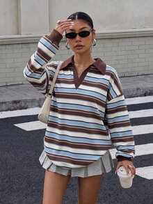 Muchica 秋季新開學季學院風藍色條紋女款 Polo 領長袖寬鬆衛衣，厚實面料，適合秋冬，加厚衛衣，秋冬風格，適合日常通勤、約會、聚會、秋冬、夏季、派對、婚禮、海灘、畢業典禮等場合，優雅休閒，適合出遊，Y2K 風格 - 彩色 - 查看 4