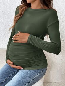 SHEIN 孕婦純色百褶休閒日常長袖T恤 - 墨綠色 - 查看 3