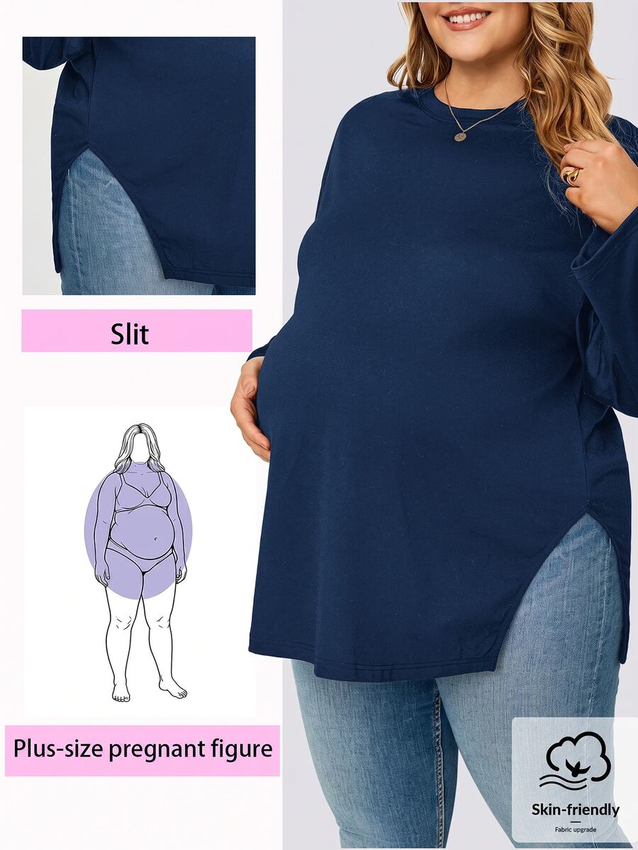 Plussiva 大尺碼孕婦純色極簡長袖開衩下擺上衣 - 藍色 - 查看 1