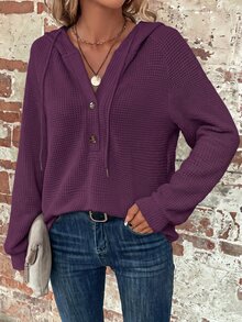 SHEIN Clasi Plus Size Women's Solid Color Raglan Long Sleeve Button Half-Placket Drawstring Hooded Sweatshirt Fall - Purple - View 5