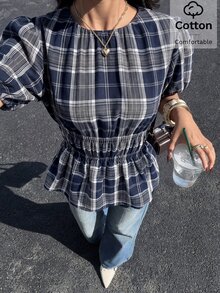 Siren Gaze Women's Fashion Plaid Waist-Cinching Ruffle Hem Blouse - Blue - View 6