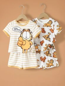 GARFIELD | SHEIN Baby Boy Letter Cartoon Print Short Sleeve T-Shirt And Shorts Casual Daily Outfit - Multicolor - View 3