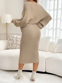 Lyckli Maternity Solid Color Round Neck Casual Daily Knit Dress - Apricot - View 4