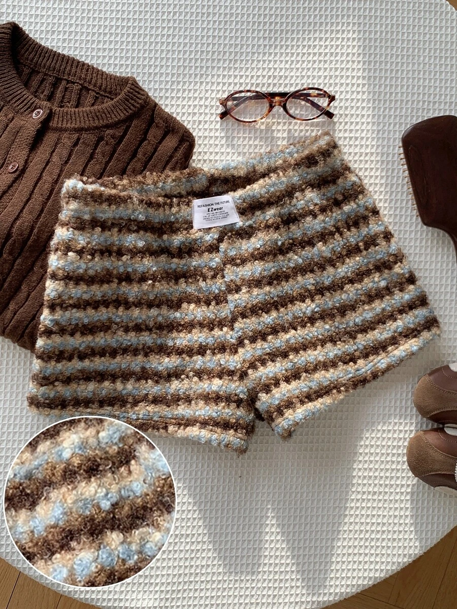 Comfortcana Quần short nữ kẻ sọc thường ngày phong cách casual - màu nâu - Xem 1