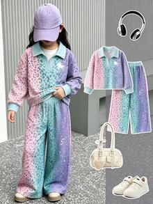 Young Girl Fashion Casual Leopard Print Horse Riding Print Lapel V-Neck Long Sleeve Sweatshirt & Leopard Print Wide Leg Pants Set, Soft Fabric, Suitable For Outings, Back To School, Autumn/Winter - Multicolor - View 7