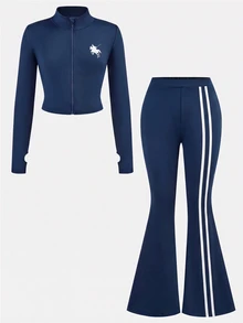 SHEIN NovaGlow Tween Girl Sporty Casual Daily Knit Solid Color Cardigan Jacket & Flared Long Pants Set - Navy Blue - View 2