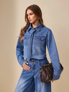 Selenza Women's Fashion Versatile Button Long Sleeve Denim Jacket - Blue - View 7
