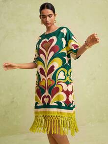 LOTSLUV Women's Spring/Summer Vacation Casual Heart Floral Print Round Neck Loose Short Sleeve Patchwork Tassel Trim Short Dress - Multicolor - View 5