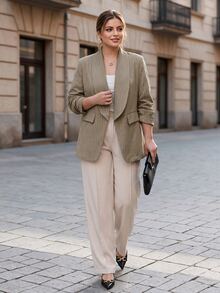 Chikora Blazer Kasual Wanita Ukuran Besar dengan Kerah Syal Bergaris untuk Perjalanan Sehari-hari - Khaki - View 6