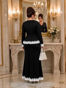 Roveilla Plus Size Women's New V-Neck Design Long Sleeve Blouse With Cuff Lace Patchwork + Fitted Mermaid Hem Skirt With Lace Patchwork And Color Block, Elegant Two Pieces Set, Fashion Two Pieces Set, Elegant Two Pieces Set, Daily Wear, Party And Other Occasions - Black and White - View 2