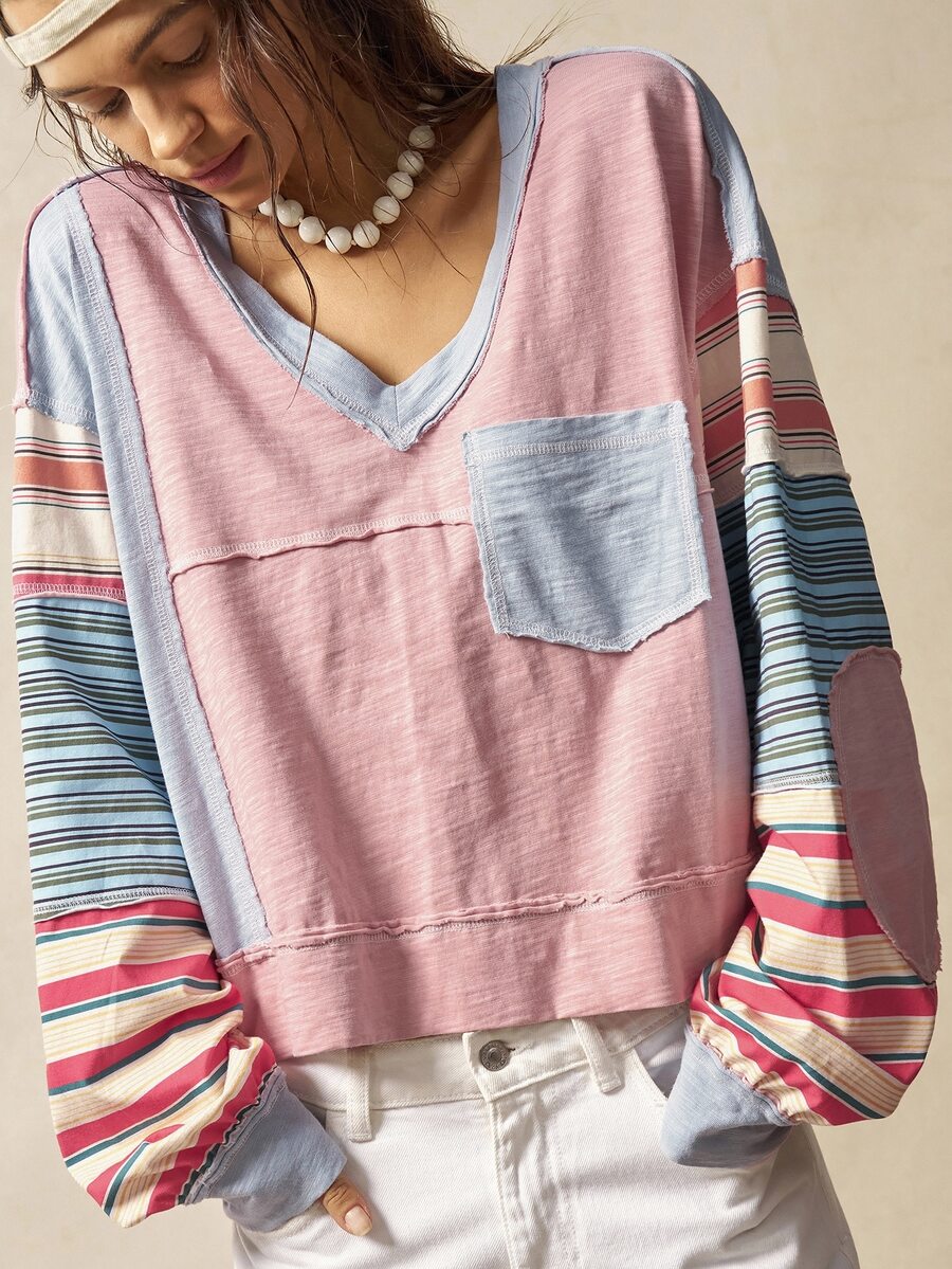 Bohemela Plus Size Women's Patchwork Striped V-Neck Long Sleeve Pocket T-Shirt - Multicolor - View 1