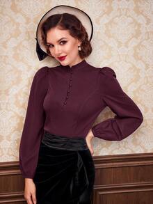 Vintamour Áo blouse nữ màu trơn thiết kế cúc tay dài phồng - Màu đỏ tím - Xem 6