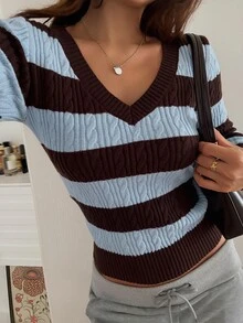 DAZY Women's Brown & Blue Thick Striped V-Neck Cable Knit Slim Fit Long Sleeve Casual Versatile Sweater - Blue - View 6