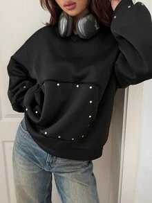 DAZY Women's Solid Color Pocket Casual Versatile Daily Long Sleeve Sweatshirt - Black - View 4