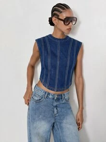Maija Women's Crew Neck Cropped Casual Denim Top - Blue - View 3