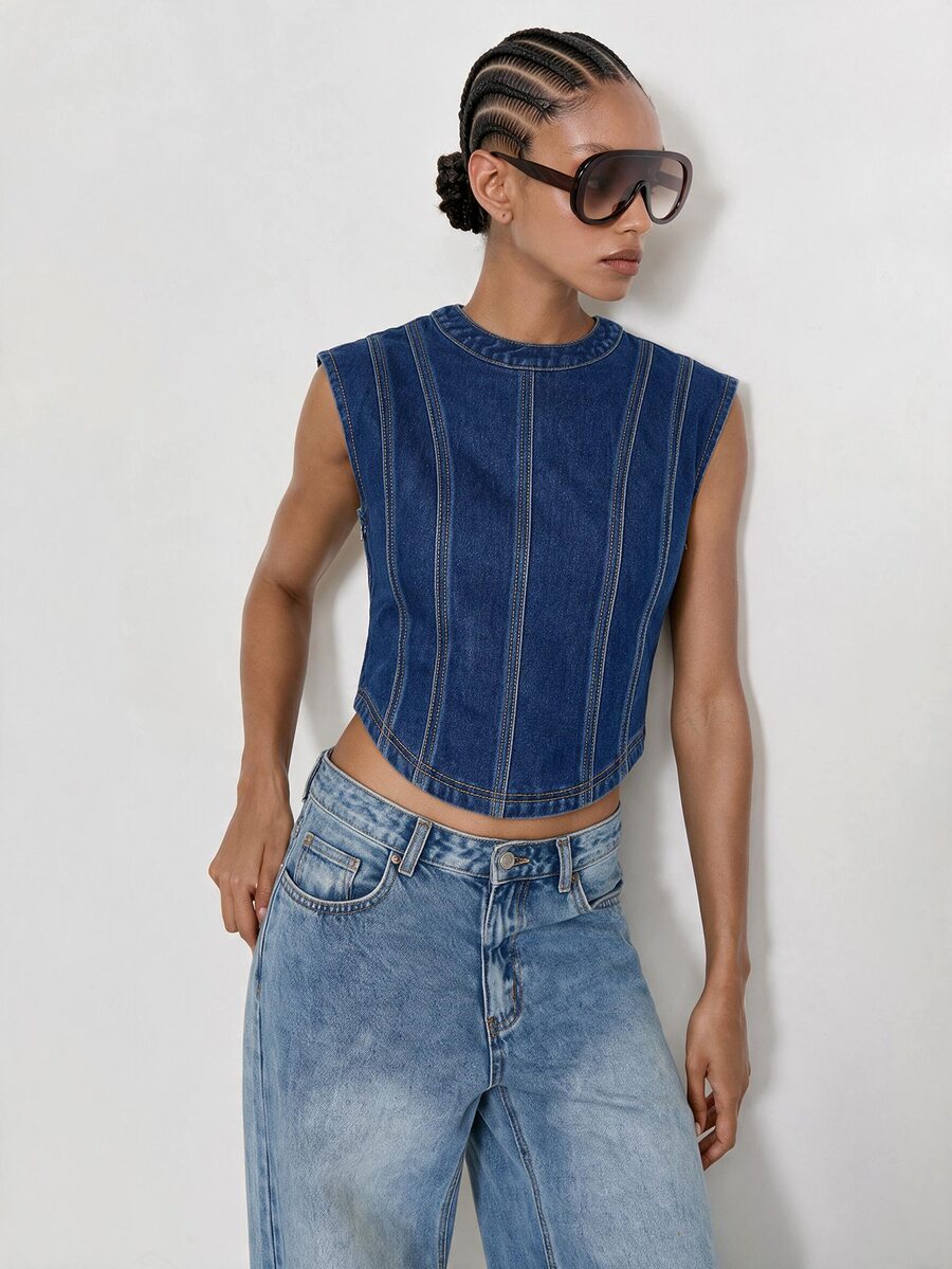 Maija Women's Crew Neck Cropped Casual Denim Top - Blue - View 1