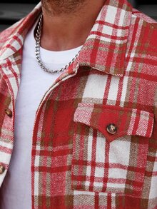 Manfinity Homme Plus Size Men's Casual Plaid Button Long Sleeve Shirt - Red - View 3