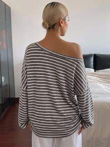 DAZY Women's Striped Asymmetrical Shoulder Loose Street Casual T-Shirt - Coffee Brown - View 2