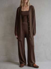 DAZY Women's 3 Pieces Knit Set Loose Cardigan, Camisole Top And Long Pants Casual Outfit - Brown - View 4