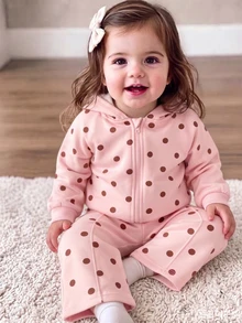 Bộ 2 món áo hoodie kéo khóa và quần dài chấm bi màu hồng cho bé, bộ đồ áo nỉ và quần dài in họa tiết chấm bi dễ thương cho trẻ sơ sinh - Nhiều màu - Xem 3
