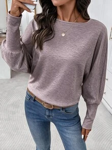 Editum Women's Autumn/Winter New Elegant Round Neck Apricot Soft Color Long Sleeve T-Shirt, Suitable For Daily And Multiple Occasions - Dusty Purple - View 5